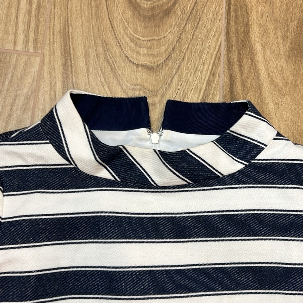 ANN MASHBURN Navy and White Striped Long Sleeve Mock Neck Blouse - Picture 4 of 7